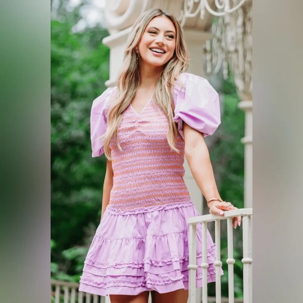 Karlie Solid Poplin Contrast Stitch Dress | Medium | Lavender - Picture 3 of 9